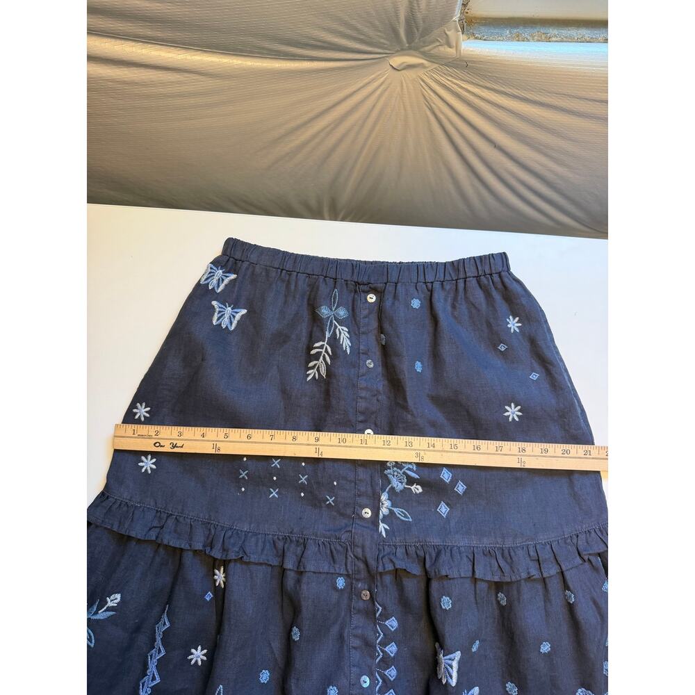 JOHNNY WAS Nico Ruffle Tiered Midi Skirt Womens XS Blue Linen Embroidered Boho - Picture 11 of 13